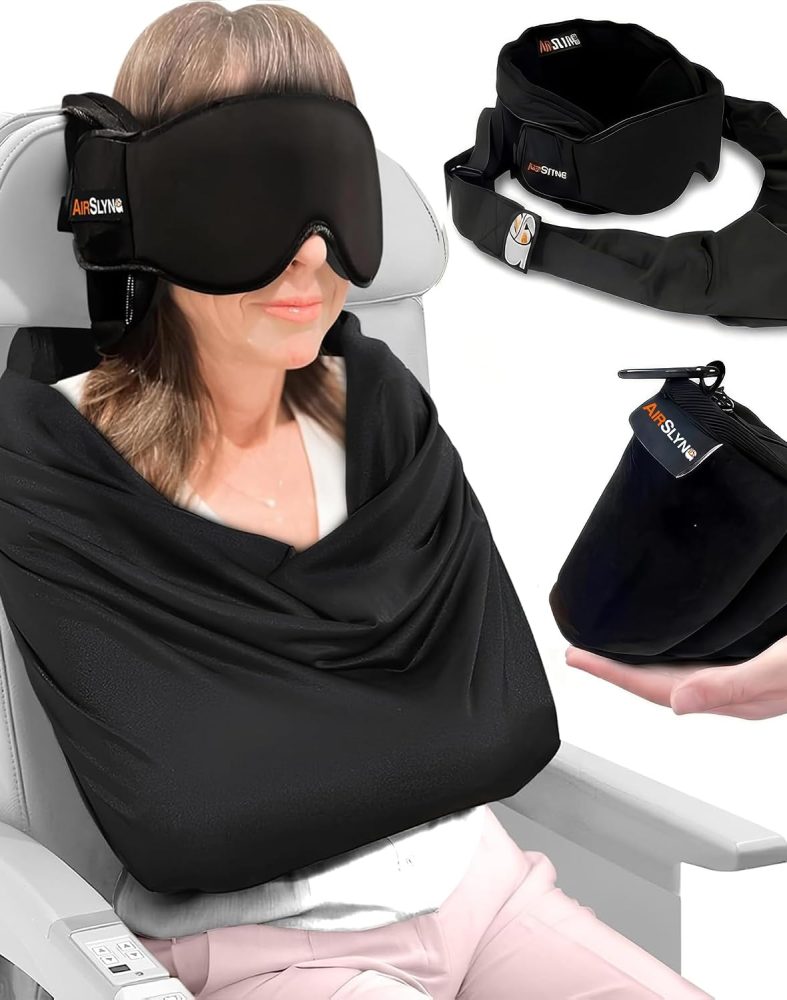 3-in-1 Airplane Sleep Support System - Integrated Plane Sleeping Accessories with Memory Foam Long Haul Flight Pillow, Adjustable Travel Eye Mask, and Blanket-Like Body Sling - Fits in Carry On